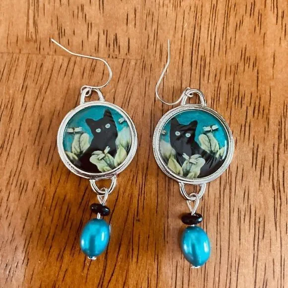 Black Cat Dragonfly Earrings Nature Boho Dangle Teal Bead Animal Lover Earrings - Picture 8 of 10